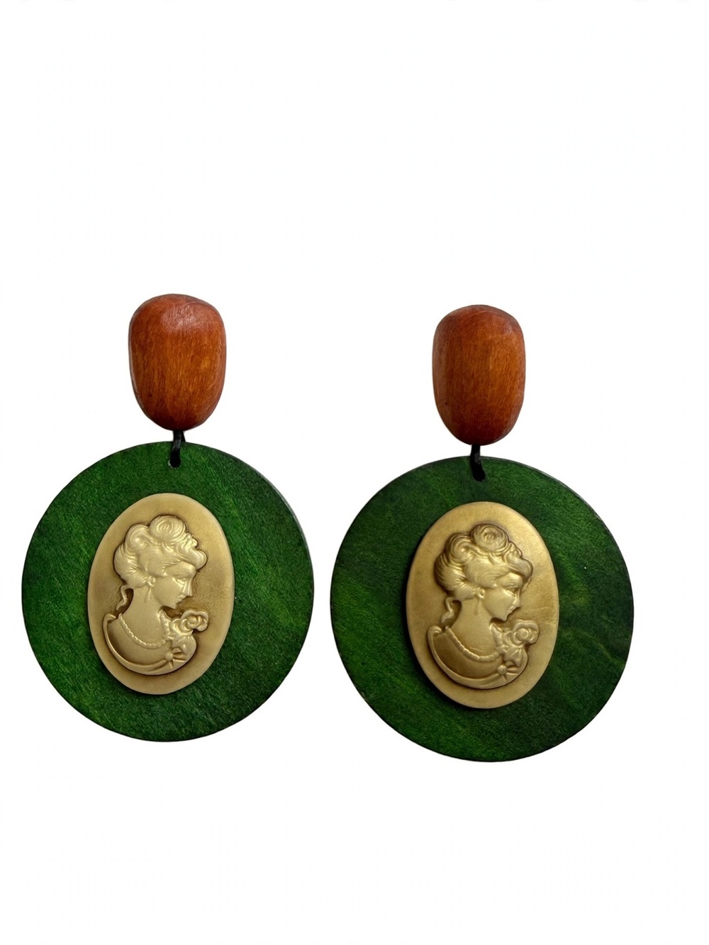 Vintage Wooden Green Cameo Disc Dangle Earrings with Lady Portrait Relief E072